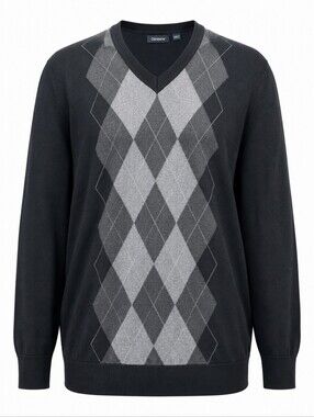 CLAIBORNE | Men's Black Gray Argyle 100% Cotton V-Neck Plus Sweater | 2XL Tall
